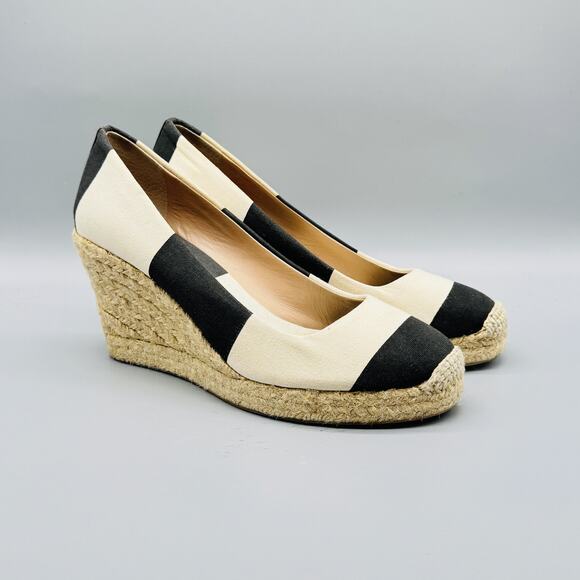 J Crew Shoes Womens 9.5 Black Ivory Wedge Espadrille Canvas Striped Summer - Picture 2 of 12